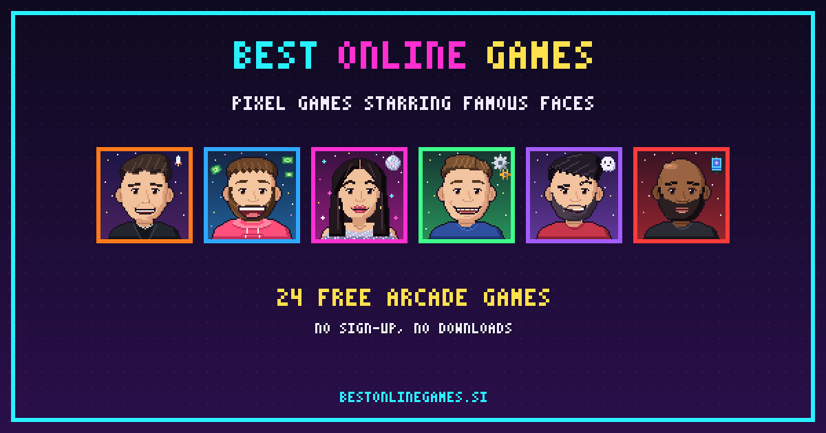 Best Online Games: personajes pixel art en un salón arcade de neón
