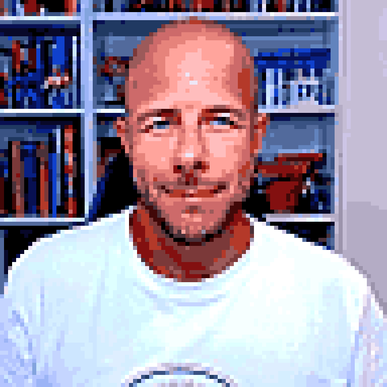 Retrato pixel-art de Daniel Peris en estilo Super Nintendo
