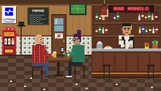 Escena pixel-art del Bar Manolo: Paco y Paca discuten en una mesa y Manolo atiende la barra